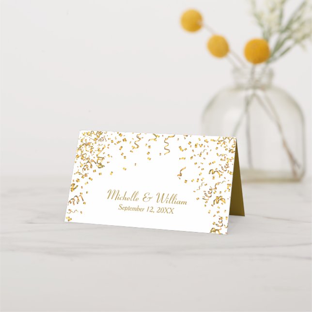 Gold Ribbon Confetti Platzkarte (Vorderseite)