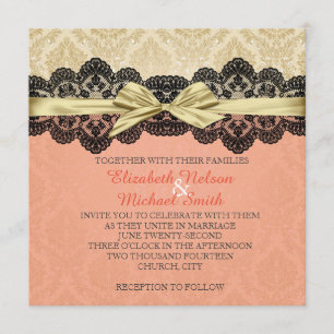 Gold Ribbon Damask Spitzen Korallenhochzeit Einlad Einladung
