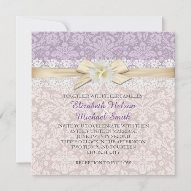 Gold Ribbon Floral Lavender Damask Hochzeitsempfan Einladung (Vorderseite)