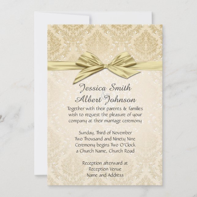 Gold Ribbon Gold Damask Hochzeitsempfang Einladung (Vorderseite)