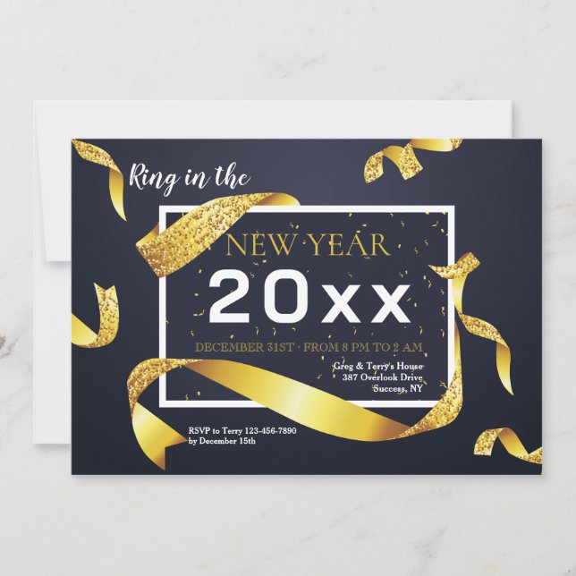 Gold Ribbon New Year Party Invitation Einladung (Vorderseite)