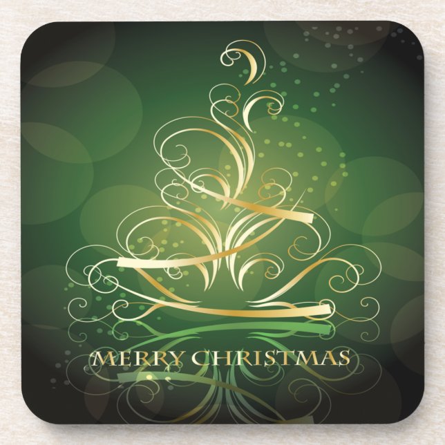 Gold Ribbon Weihnachtsbaum Set von Cork Untersetze Untersetzer (Vorderseite)