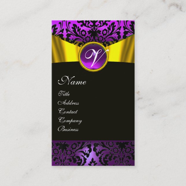 GOLD RIBBON YELLOW BLACK LILA DAMASK MONOGRAMM VISITENKARTE (Vorderseite)