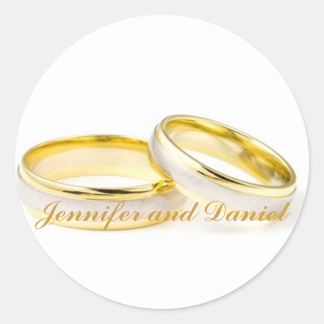Gold Rings Bride Groom Gastgeschenk Hochzeit Stick Runder Aufkleber (Vorderseite)