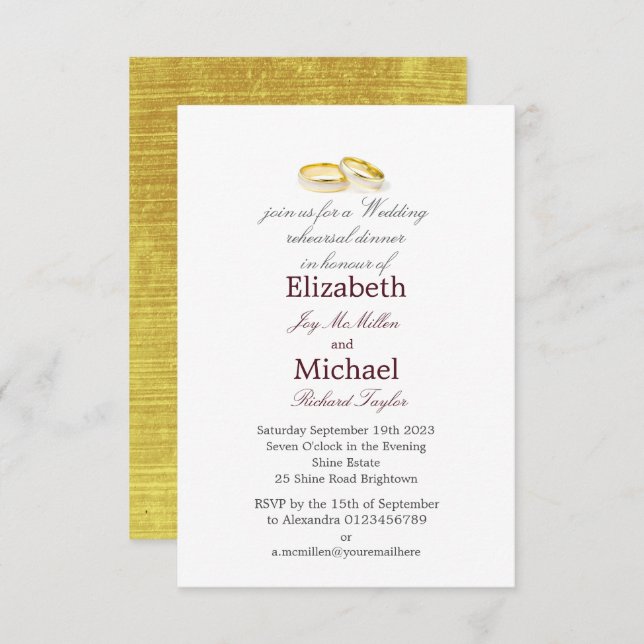 Gold Rings Elegantes Hochzeitessen Probe Dinner Einladung (Vorne/Hinten)