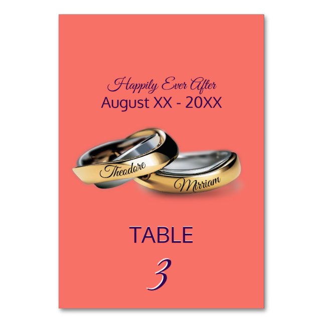 Gold Rings Monogram Coral Tischnummer (Vorderseite)