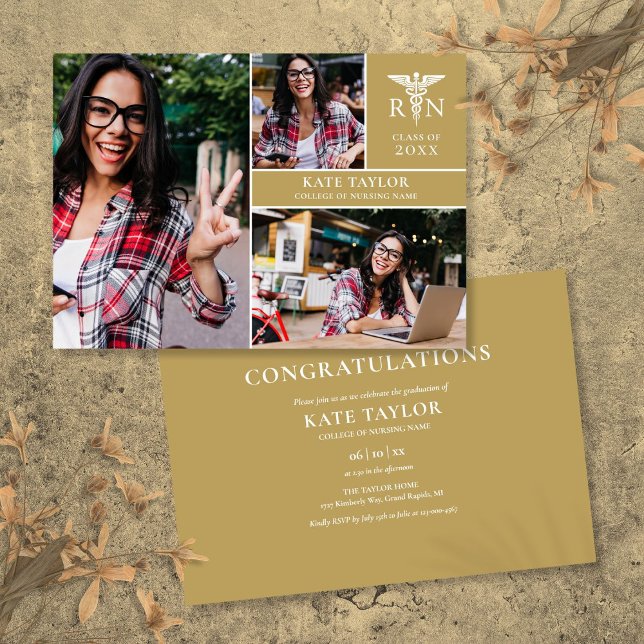Gold RN Nursing 3 Foto Graduation Party Einladung (Gold RN Nursing 3 Photo Graduation Party Invitation)