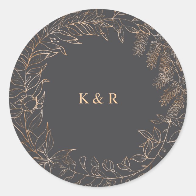 gold romantic floral monogram wedding runder aufkleber (Vorderseite)