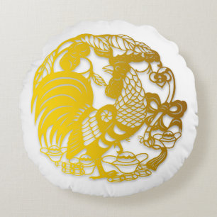 Gold Rooster Papercut Chinese Year Zodiac BirthD P Rundes Kissen