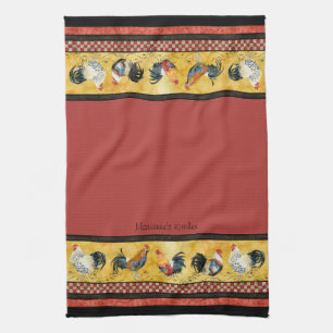 Gold Roosters Red & Tan Karo Swirl Küche Handtuch