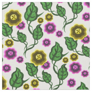 Gold/Rosa Blume/grüne Blätter/Folkblume Stoff