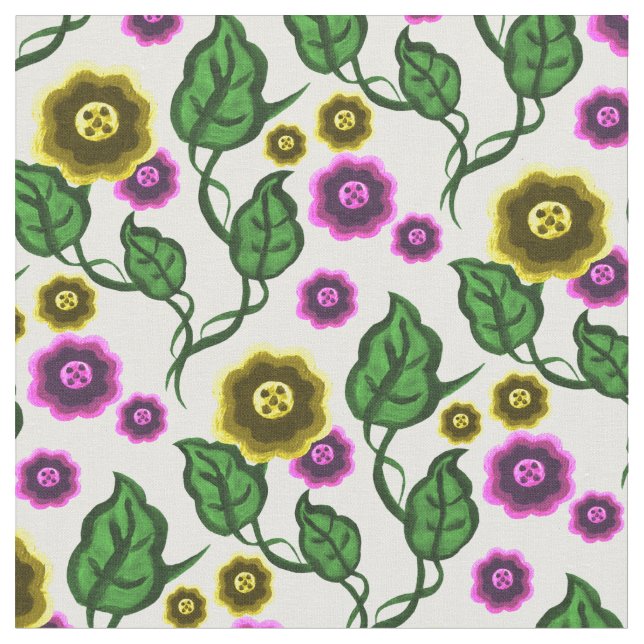 Gold/Rosa Blume/grüne Blätter/Folkblume Stoff (Nahaufnahme)