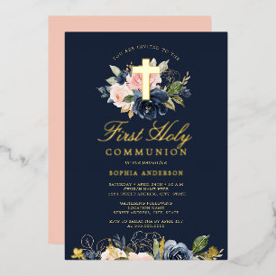 Gold Rosa Blush Navy Floral Girls First Communatio Folieneinladung