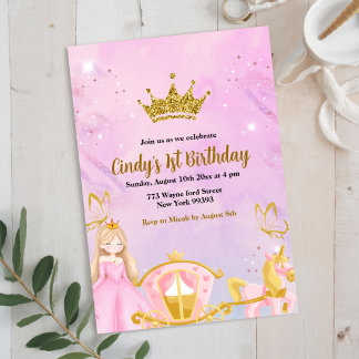 Gold Rosa Mädchen Prinzessin Kutsche Erster Geburt Einladung