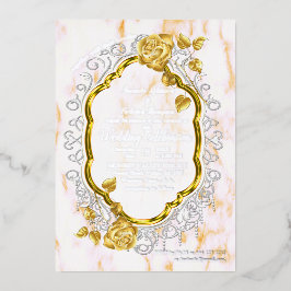 Gold Rose auf einem Goldrahmen mit weißer Spitze. Folieneinladung