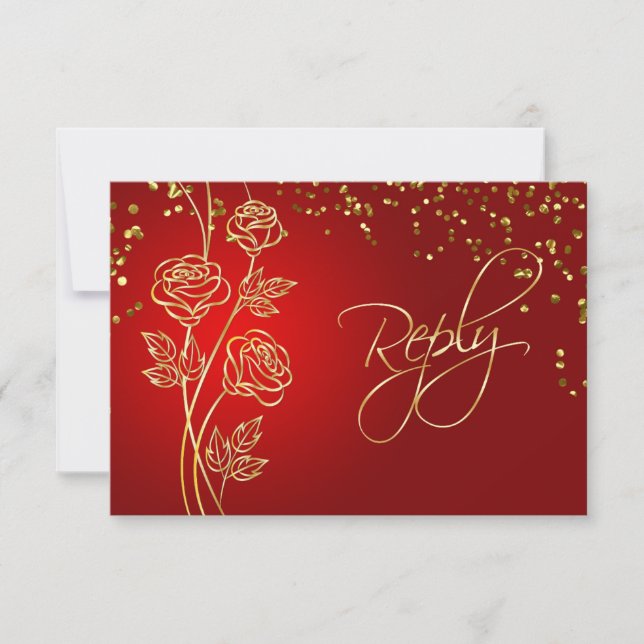 Gold-Rose auf Red, Confetti Wedding RSVP (Vorderseite)
