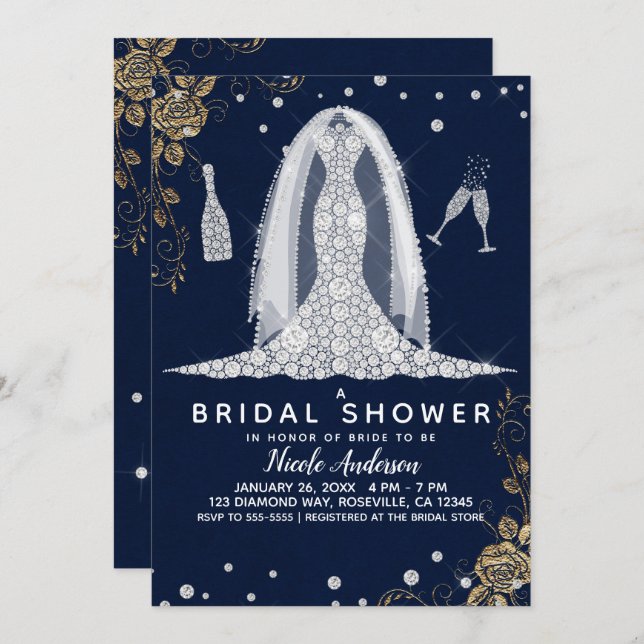 Gold Rose Diamond Wedding Dress Brautparty Blue Einladung (Vorne/Hinten)