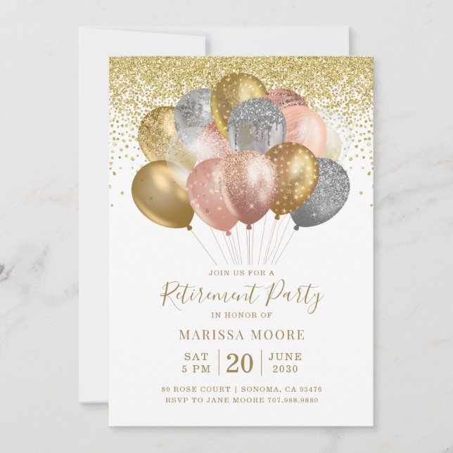 Gold Rose Gold Glitzer Balloons für die Rückzahlun Einladung (Vorderseite)