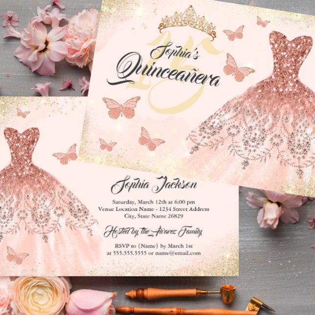 Gold Rose Gold Quinceanera Butterfly Kleid Einladung (Von Creator hochgeladen)