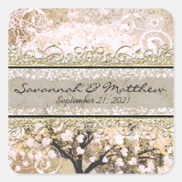 Gold Rose Heart Leaf Tree Square Wedding Siegel Quadratischer Aufkleber