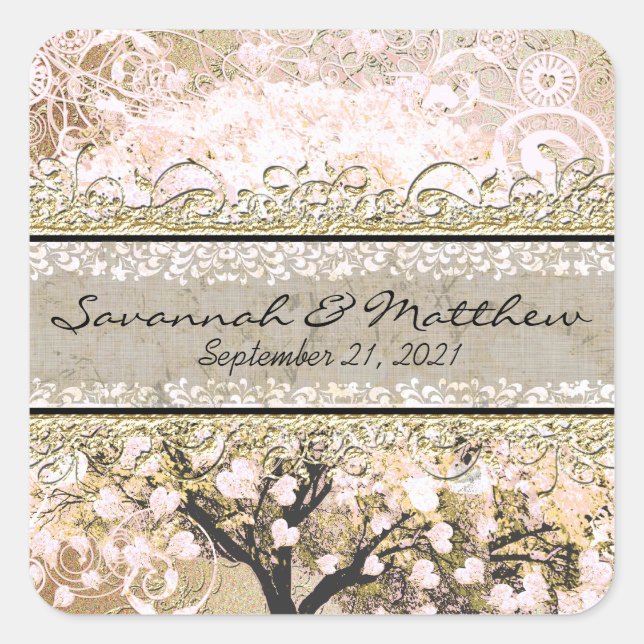 Gold Rose Heart Leaf Tree Square Wedding Siegel Quadratischer Aufkleber (Vorderseite)