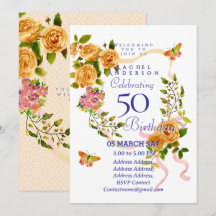 Gold Rose Ribbon 50th  Birthday Invitation