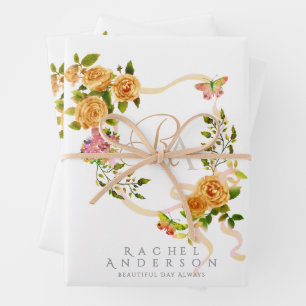 Gold Rose Ribbon Chic Monogram White Geschenkpapier Set