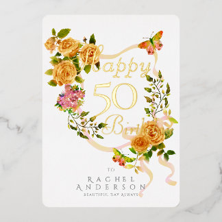 Gold Rose Ribbon Jahr Geburtstagskarte Folien Feiertagskarte