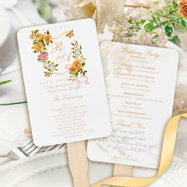 Gold Rose Ribbon Monogram Wedding Fächer (Gold Rose Ribbon Monogram Wedding Hand Fan Program)