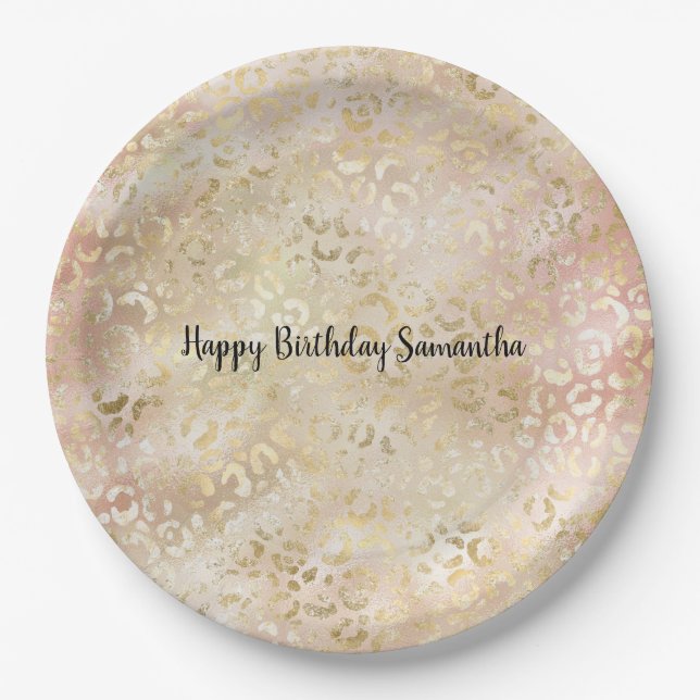 Gold Rose Rosa Leopard Print Pappteller (Vorderseite)