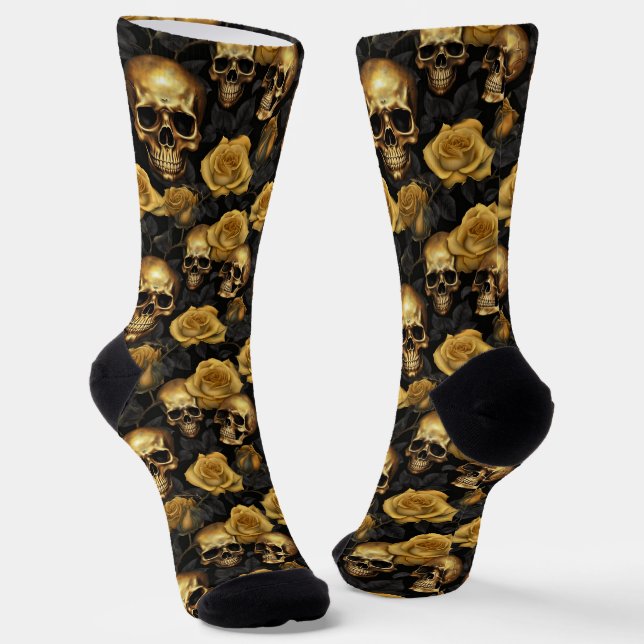 Gold Rose Skull Pattern auf Schwarz Socken (Gewinkelt)