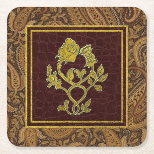 Gold Rose Thistle Paisley und Ledermuster Rechteckiger Pappuntersetzer
