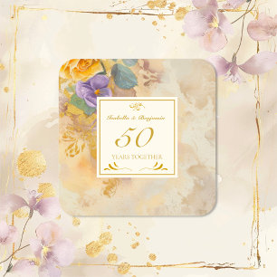 Gold Rose Violets 50. Hochzeitstag Quadratischer Aufkleber