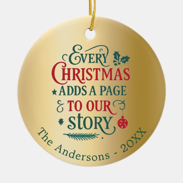 Gold rot Grün unsere Geschichte Typografie Weihnac Keramik Ornament (Vorne)