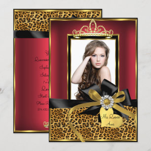 Gold-Rot-Leoparden-Druck & Schleife Foto Quinceane Einladung