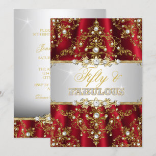 Gold-Rot-Perlen-Damask-Fünfzig-und-Fabelhaft-Einla Einladung