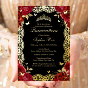 Gold Rot Schwarz Rose Spitze Quinceanera Geburtsta Folieneinladung
