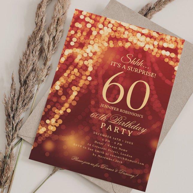 Gold & Rot | Überraschende 60. Geburtstagsfeier  Einladung (Gold & Red | Surprise 60th Birthday Party Invitation)