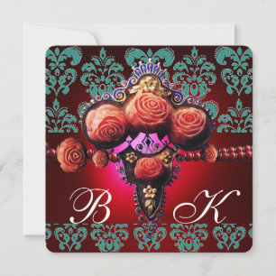 GOLD ROTE CORAL ROSE, BLUE BLACK DAMASK MONOGRAMM EINLADUNG