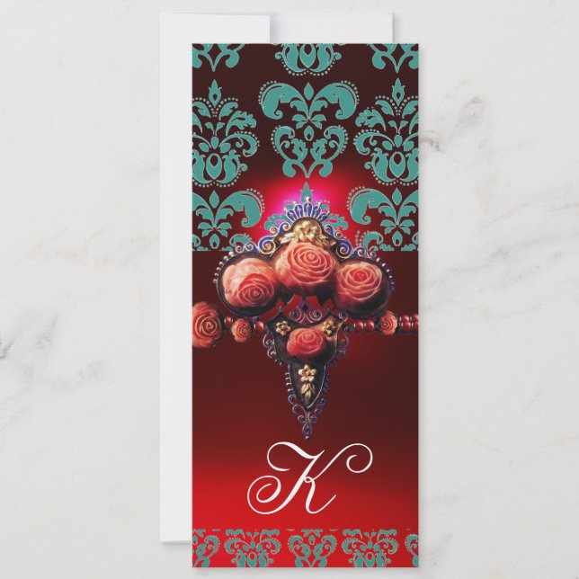 GOLD ROTE CORAL-ROSE, BLUE BLACK DAMASK MONOGRAMM EINLADUNG (Vorderseite)