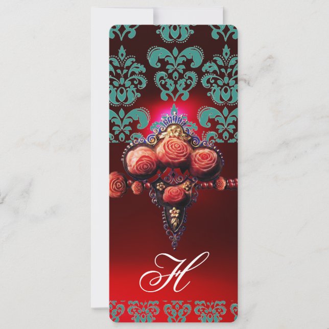 GOLD ROTE CORAL-ROSE, BLUE BLACK DAMASK MONOGRAMM EINLADUNG (Vorderseite)