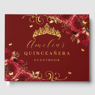 Gold Rote Rose Floral Swirl Quinceanera Gästebuch