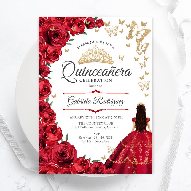 Gold Rote Rosen Blumenquinceanera Einladung (Von Creator hochgeladen)