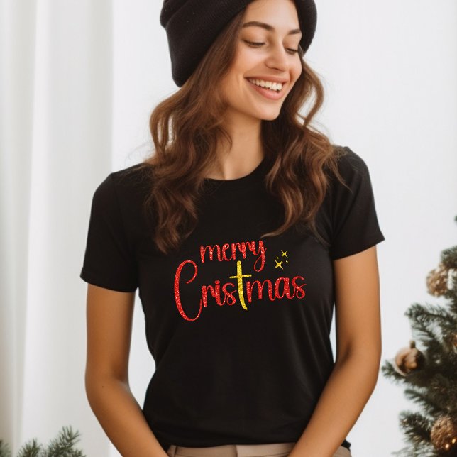 Gold Roter Glitzer Frohe Weihnachten Christliches  T-Shirt (Von Creator hochgeladen)