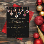 Gold Roter Glitzer Hängende Ornamente Foto Weihnac Feiertagskarte<br><div class="desc">Diese niedliche und einzigartige Foto Weihnachts-Grußkarte ist perfekt, um Ihre Einladungen mit einer besonderen Touch zu personalisieren. Es verfügt über acht individuell anpassbare Fotoschmuck mit Imitaten, die funkelnd Gold und Rot-Glitzer-Konturen, Saiten und Bögen auf einem einfachen schwarzen Hintergrund gedruckt haben. Auf der Kartenrückseite ist ein funkelnd rotes Glitzer-Sequenzmuster dargestellt. Es...</div>