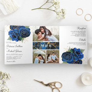 Gold Royal Blau Florale Fotocollage Hochzeit Dreifach Gefaltete Einladung