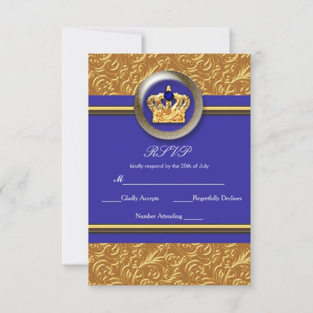 Gold & Royal Blue Crown Elegante Event RSVP Card (Vorderseite)