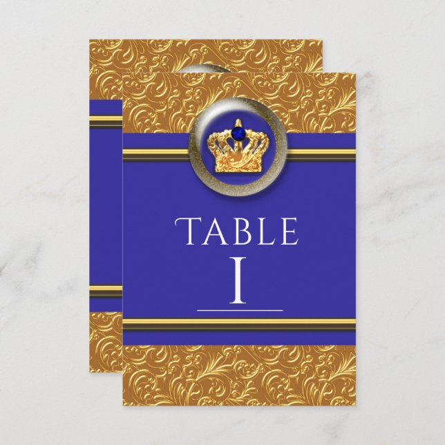 Gold & Royal Blue Crown Elegante Tischnummer Card (Vorne/Hinten)