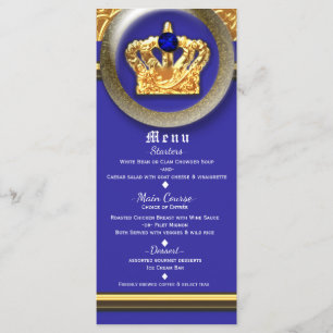 Gold & Royal Blue Crown Geburtstagsparty Menu Card Menükarte