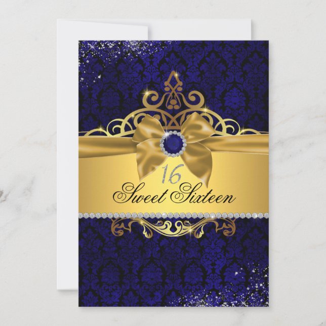 Gold Royal Blue Damask 16 . Geburtstag Einladung (Vorderseite)